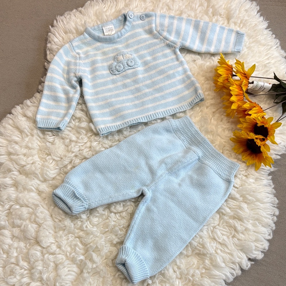 Baby Mode Striped Blue White Cable Knitted Baby Sweater & Pants Set 6-9 months !